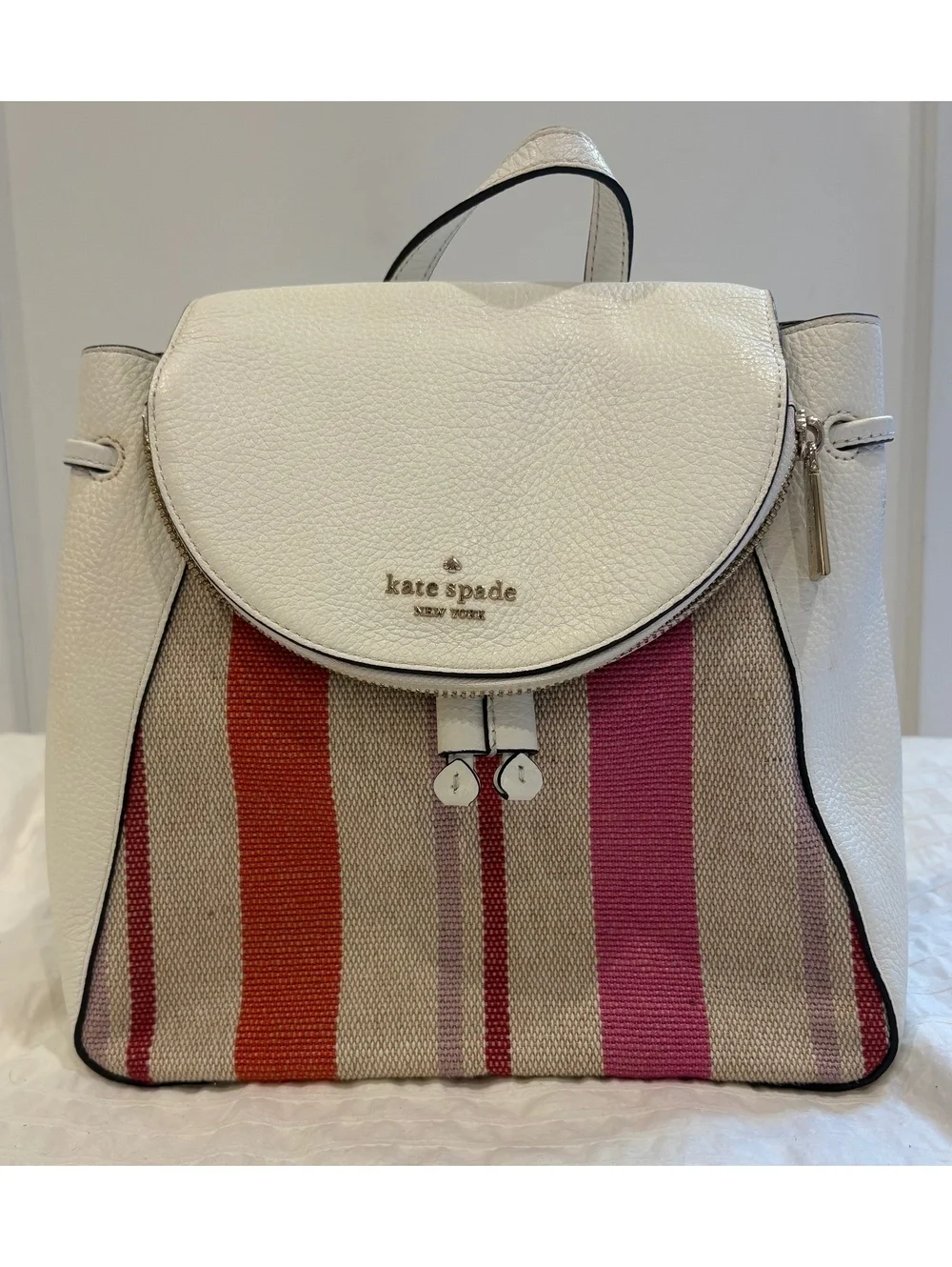 KATE SPADE LEILA LEATHER STRIPE CANVAS MEDIUM FLAP BACKPACK BAG MULTI